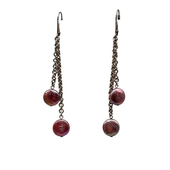 Sterling & Pearl Dangles Genuine Cultivate Lentil Pearls Purple Dyed Lever Back - Picture 1 of 6